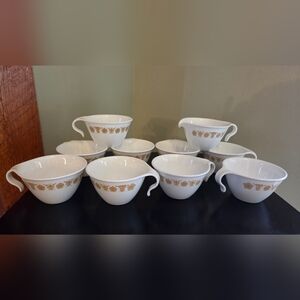Lot of 9 Butterfly Gold CORELLE Flat Hook-Handle Cups + 1 Creamer (10 Pieces)